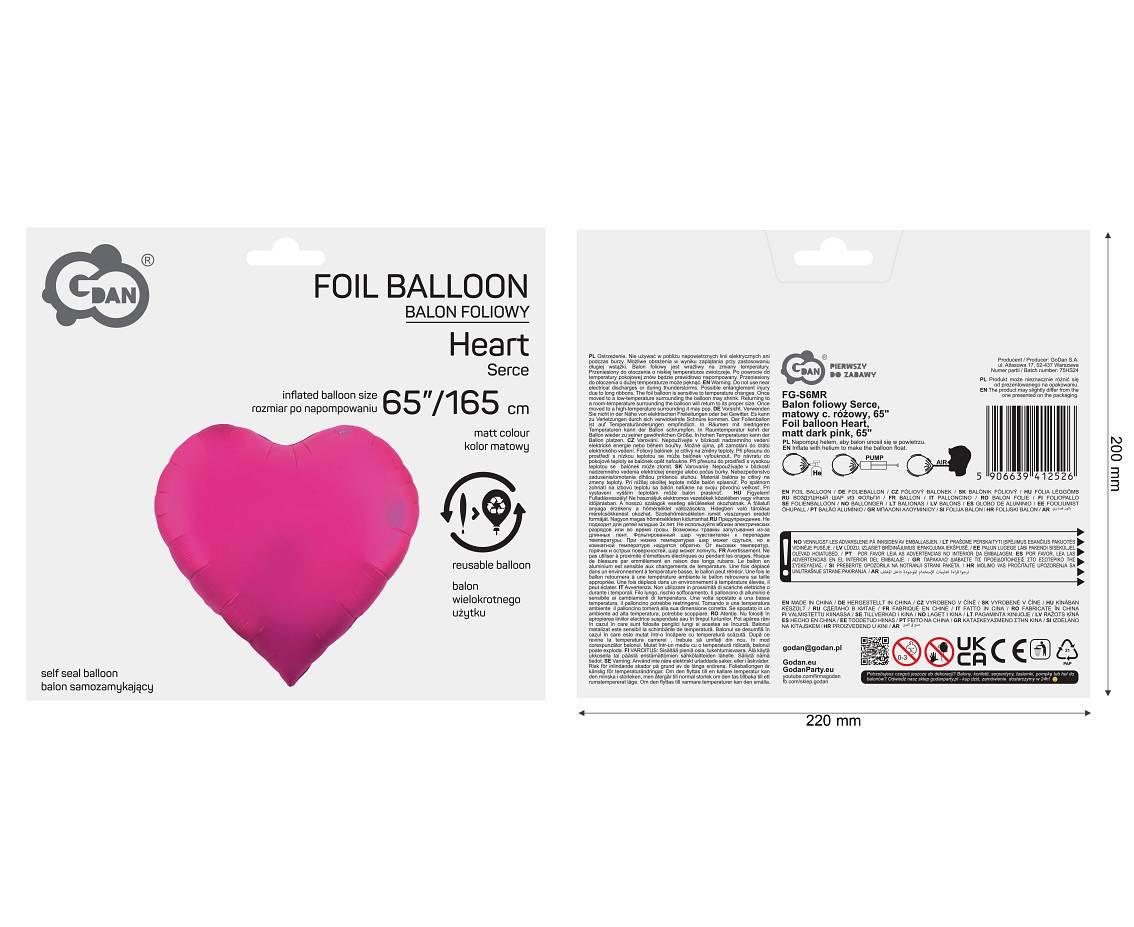 Foil balloon Heart, mat dark pink, 65"